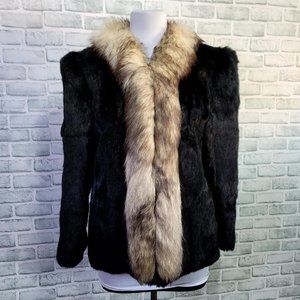 Vintage 80s Womens M Black Dyed Rabbit Fur Coat Fox Tail Collar